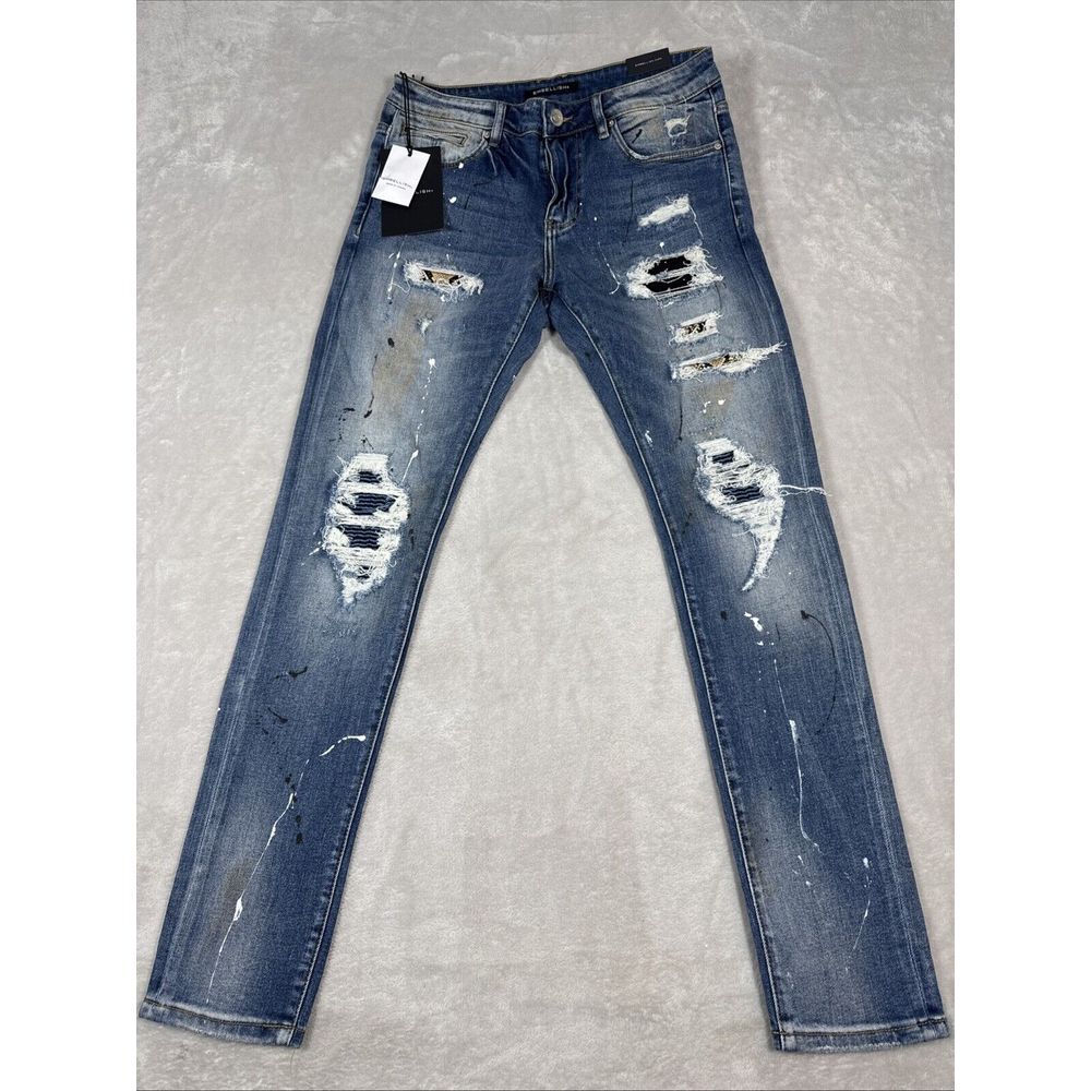 Embellish Men's Rip & Repair Patchwork Distressed Skinny Fit Denim Reptile - Picture 1 of 11